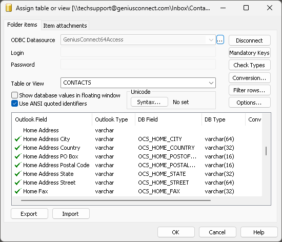 Outlook to DB columns mapping